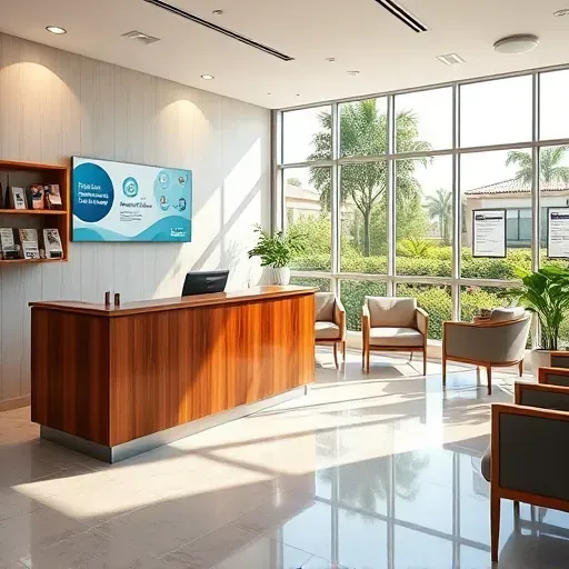 Modern Medicare guidance office in Pembroke Pines with a wooden reception desk, natural light, landscaped outdoor view, and professional decor