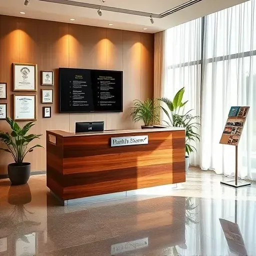 Modern health insurance office in Plantation FL with polished reception desk, certificates, digital plan display, and greenery.