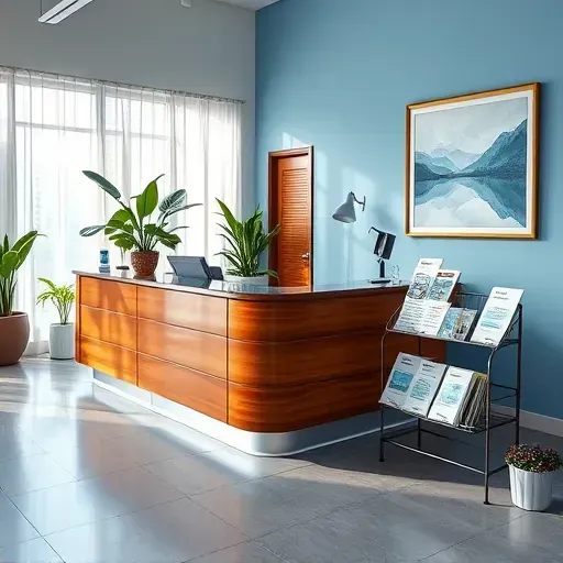 Modern Health Insurance office in Hialeah FL with polished wood reception desk, serene decor, and stylish waiting area.