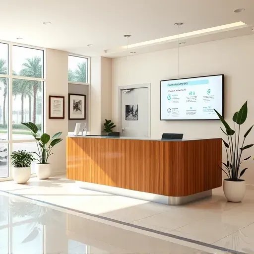 Health insurance office in Hollywood FL features sleek reception area with polished wood desk, ambient lighting, and natural views.