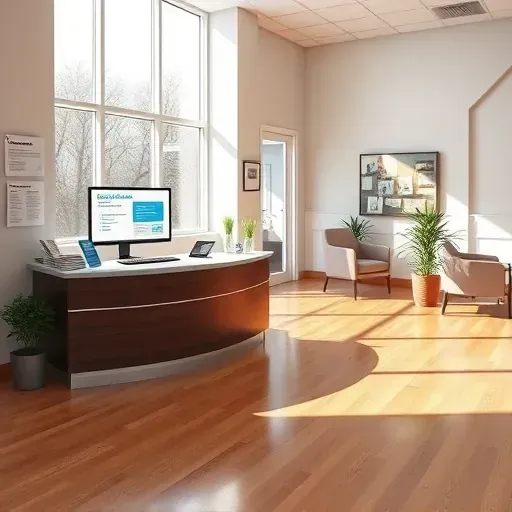 Modern office with organized health insurance info corner, reception desk, brochures, computer display, waiting area, and natural lighting
