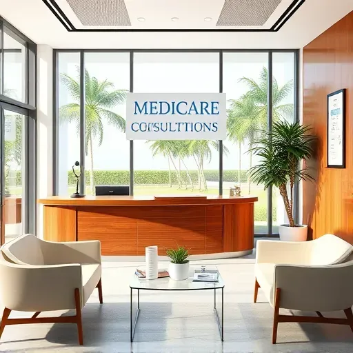 Modern Medicare consultation office in West Palm Beach with wooden desk, tropical view, and inviting seating