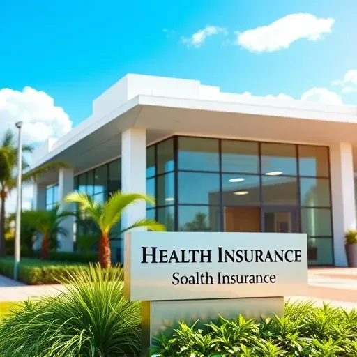 Health insurance office in Sunrise FL with modern architecture, glass windows, and lush landscaping showcases professionalism.