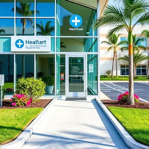 Modern community healthcare facility in Pembroke Pines FL with sunny exterior, lush greenery, signage, ADA ramps, and well-maintained parking