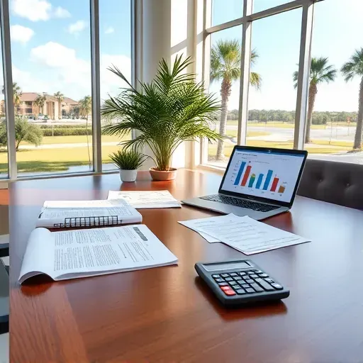 Neatly organized retirement health insurance planning scene with documents laptop and view of palm trees in Pembroke Pines Florida