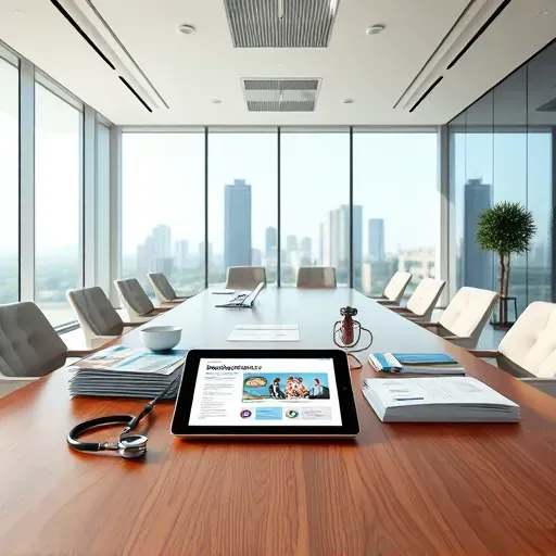 Modern medical education setup with brochures, tablet, body model, and healthcare icons in a bright conference room.