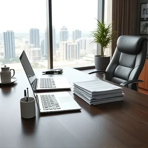Modern office desk with laptop, documents, pen holder, plant, mug, leather chair, cityscape view, natural light, professional workspace
