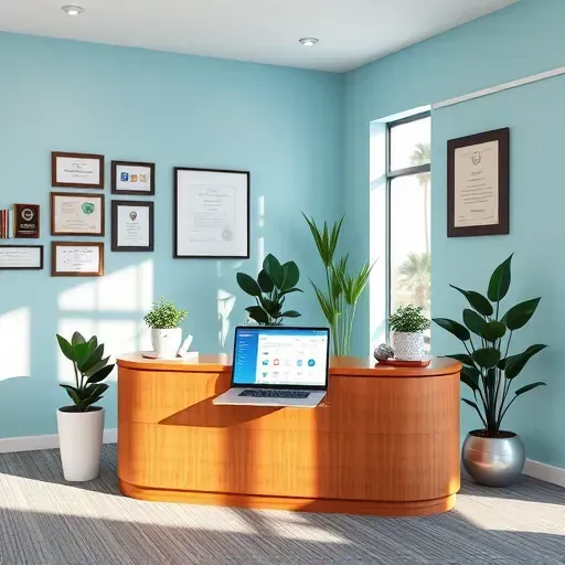 Modern health insurance office in Fort Lauderdale with light blue walls, polished desk, laptop, and potted plants.