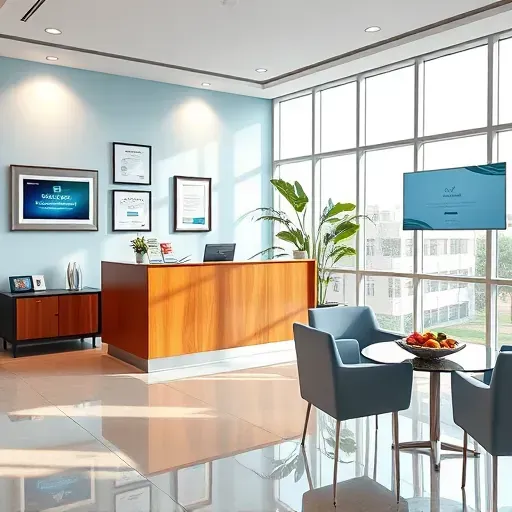 A modern Health Insurance office in Hallandale Beach features a welcoming reception with wooden desk, health brochures, and awards.