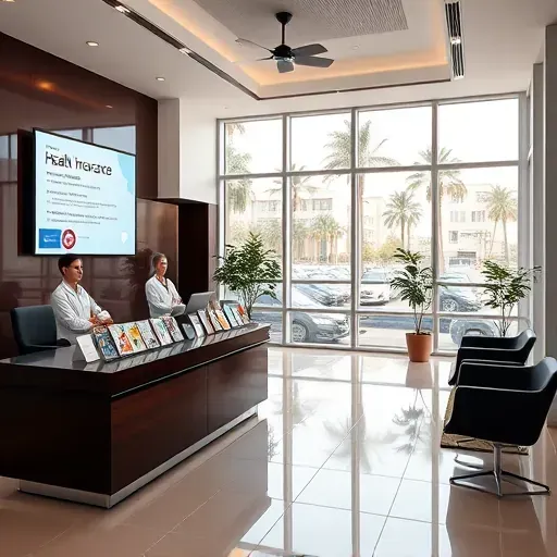 Health insurance office in Doral FL featuring modern reception with dark wood furniture and digital display screen.