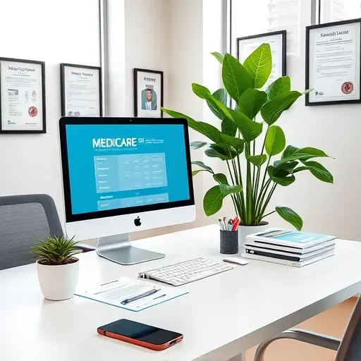 Modern Medicare assistance office in Pembroke Pines with organized desk, computer, brochures, indoor plants and framed health posters