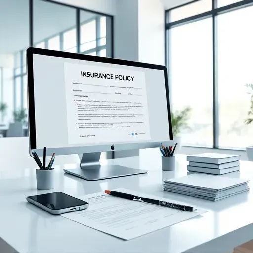 Modern organized insurance office with a clean desk, computer displaying policy form, smartphone, calculator, and natural light.