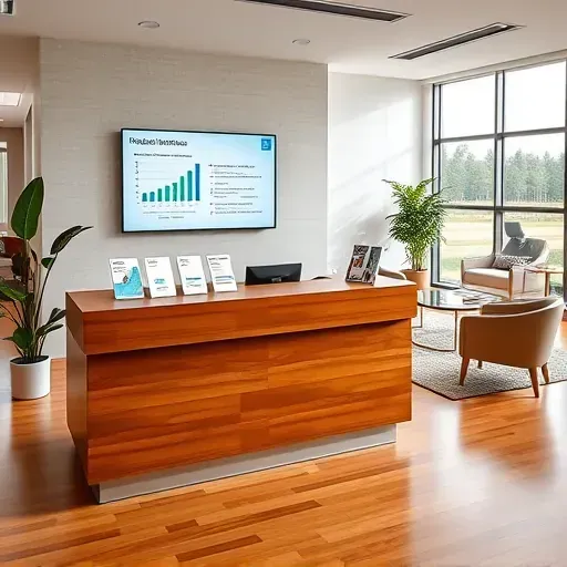 Modern healthcare office in Pembroke Pines Florida with a reception desk, Medicare info stand, digital screen, plants, and waiting area