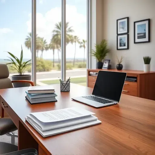 Organized Pembroke Pines financial office with wooden desk, documents, laptop, brochures, and natural light ambience