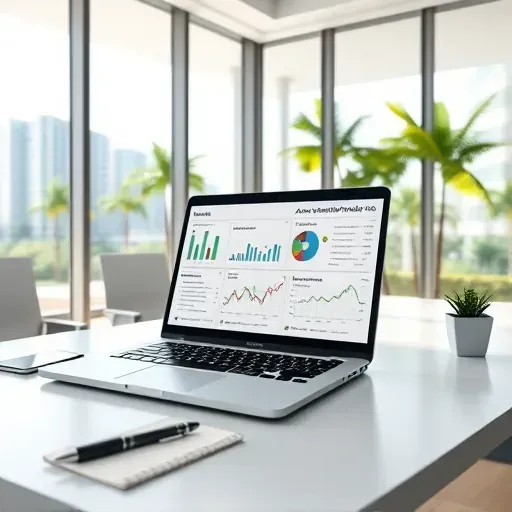 Modern Pembroke Pines office with organized desk, high-res laptop showing charts, sunny Florida landscape outside