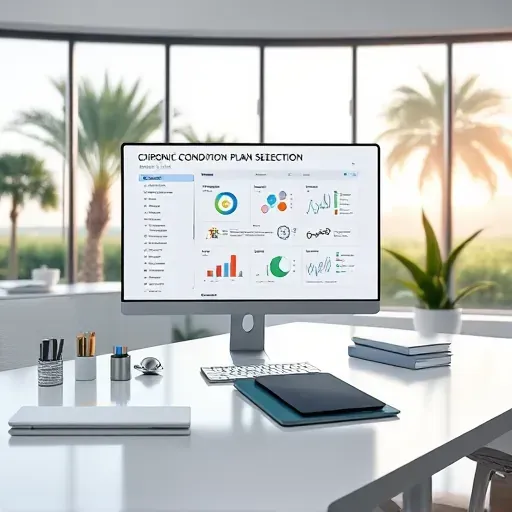 Organized health monitor display of chronic condition plan completion in a modern Florida clinic with desk, charts, and sunny landscape