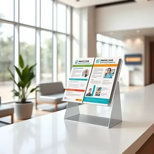 Modern healthcare brochure stand with colorful pamphlets about Medicare Preventive Services in a bright, welcoming waiting area