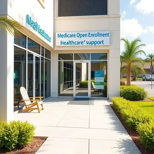 Modern healthcare office in Pembroke Pines with signage for Medicare Open Enrollment, lush landscaping, and welcoming entrance