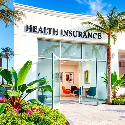 Health Insurance office in Delray Beach with modern architecture, vibrant landscaping, and inviting reception area.