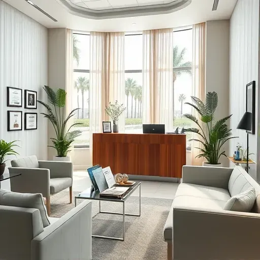 Health insurance office in West Palm Beach with modern decor, bright lighting, brochures, and palm trees outside.