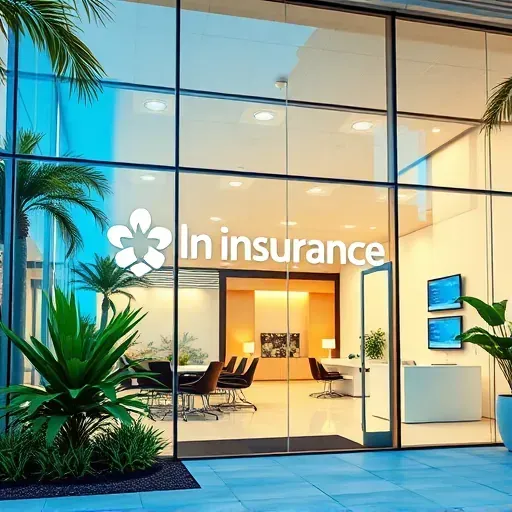 Modern health insurance office in Boynton Beach FL with glass windows, tropical landscaping, and professional interior design.