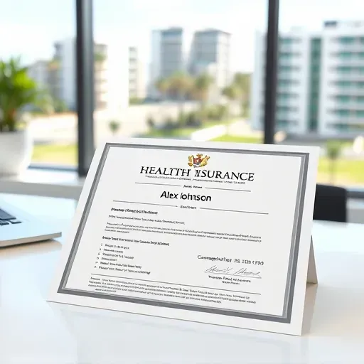 Completed health insurance document displayed on a wooden desk in Pembroke Pines FL with a modern aesthetic.