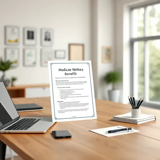 Organized Medicare Wellness Benefit document on a wooden desk surrounded by a laptop, smartphone, pens, in a bright professional office