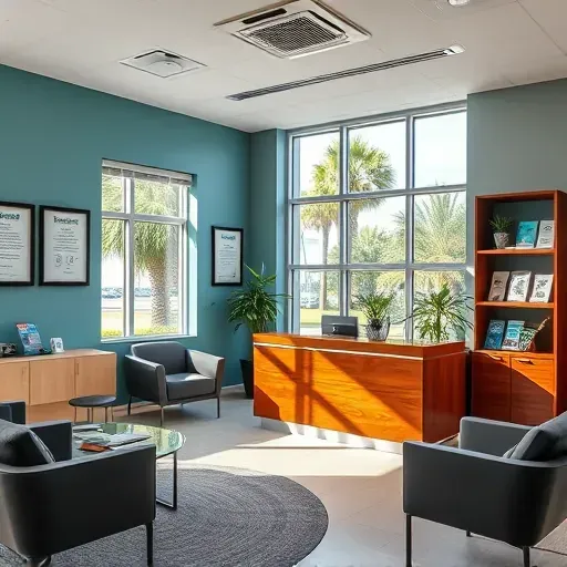 Health insurance office in North Palm Beach with inviting reception area, sleek furniture, and natural light.