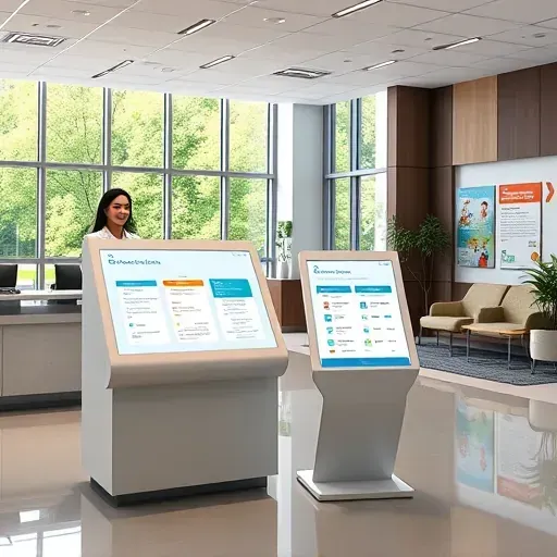 Modern healthcare facility interior in Pembroke Pines FL with digital kiosk, reception desk, and welcoming waiting area.