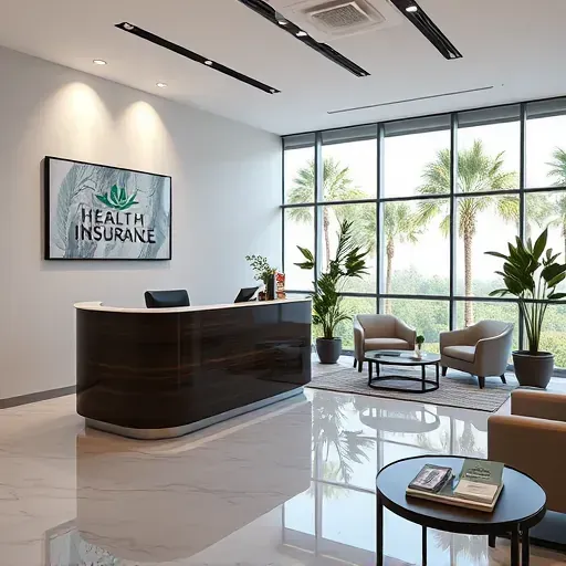 Health insurance office in Cooper City, FL, features sleek wood reception desk, inviting ambiance, and contemporary artwork.