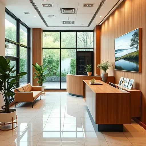 Health insurance office in Davie FL with modern reception, polished oak furniture, and serene artwork enhancing professionalism.