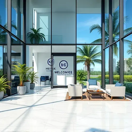 Health insurance office in Miami Lakes with modern architecture, glass windows, tropical plants, and welcoming interior.