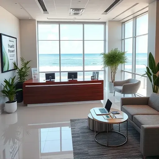 Health insurance office in Hallandale Beach with modern reception, digital signage, and bright beach view windows.