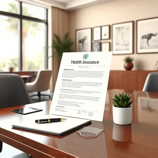 Health insurance document on a polished desk in a stylish office, showcasing professionalism and inviting ambiance.