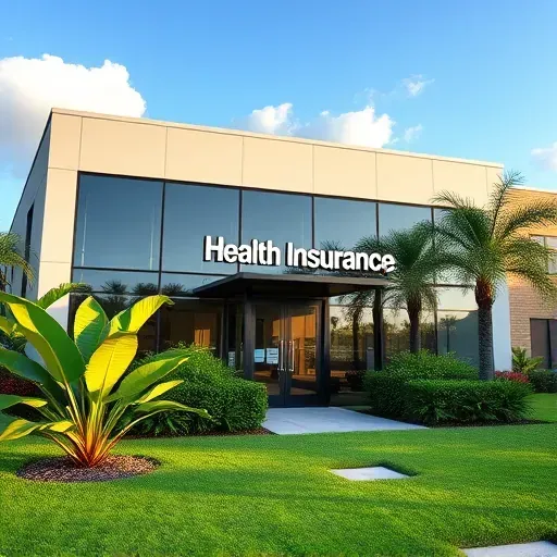 Health insurance office in Davie, FL with modern design, landscaped tropical plants, and inviting atmosphere.