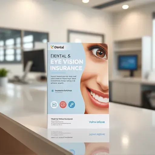 Modern dental and vision insurance brochure on a sleek countertop in a healthcare office, emphasizing trust and professionalism