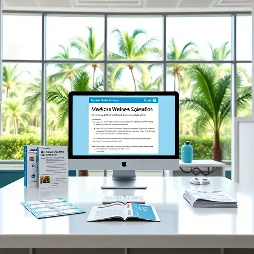 Healthcare brochure display in a modern Pembroke Pines clinic with pamphlets, computer, lush greenery, and natural light