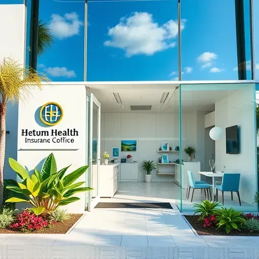 Miami Gardens health insurance office with modern architecture, large windows, vibrant landscaping, and organized interior space.