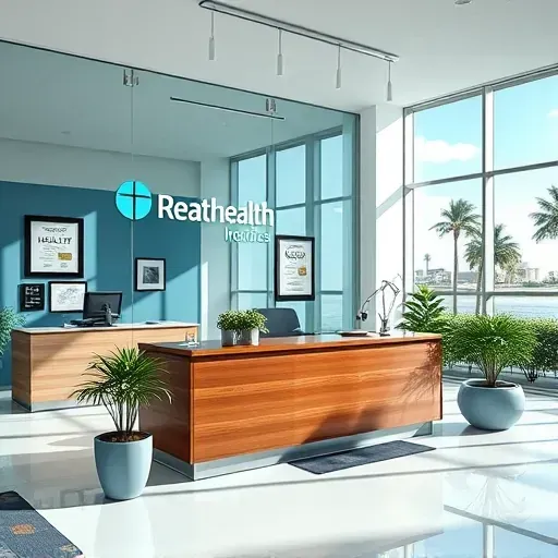 Modern health insurance office in Deerfield Beach with glass walls, polished wood desk, and serene blue decor.
