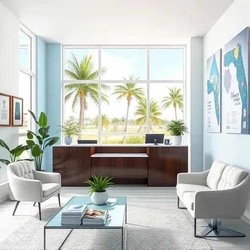 Polished health insurance office reception in Royal Palm Beach, featuring inviting decor and vibrant Florida views.