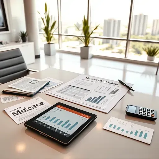 Organized workspace with Medicare report, financial documents, tablet, calculator, and cityscape view in a professional office