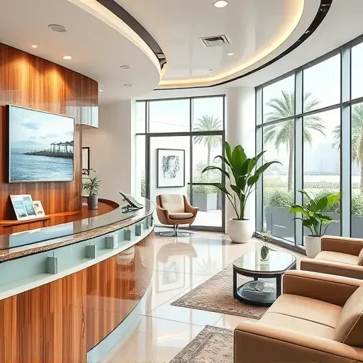 Modern health insurance office in Pompano Beach with sleek reception, polished wood, and serene beach artwork.