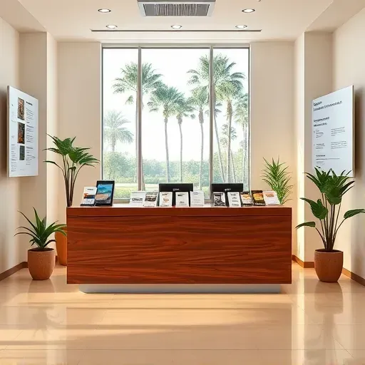 Organized office in Lantana FL showcasing a wooden reception desk, brochures, palm trees, and elegant design elements.