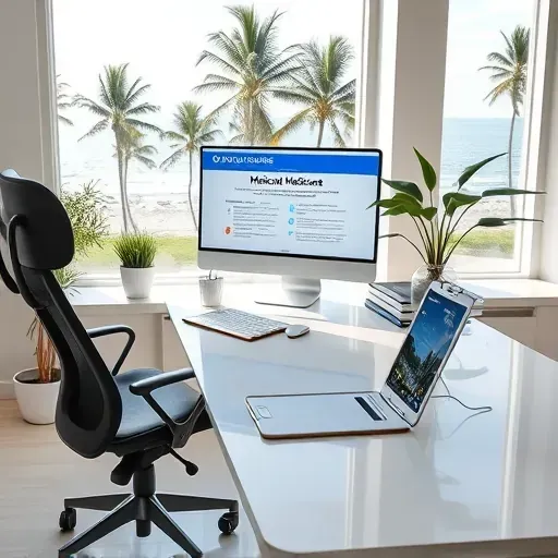 Professional Medicare consultation workspace in West Palm Beach with organized desk, computer, and scenic palm trees.