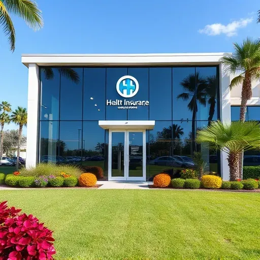 Completed health insurance office in Cooper City FL with modern glass design, vibrant landscaping, and clear blue sky.