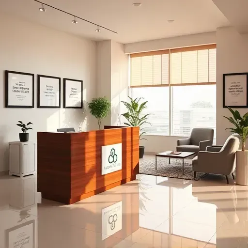 Modern health insurance office in Palm Beach Gardens with a wooden reception desk, stylish furnishings, and warm lighting.