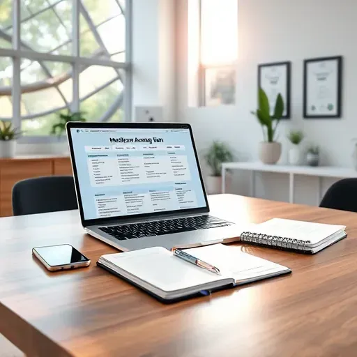 Clean modern workspace with laptop showing Medicare plans, smartphone, notes, natural light, plants, and certificates in Pembroke Pines Florida