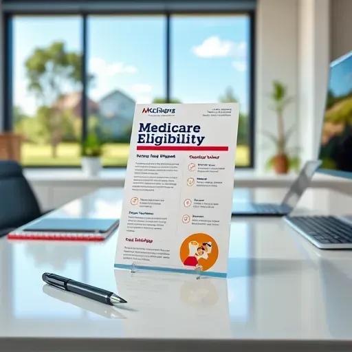 Brochure about Medicare eligibility on a modern desk with office supplies and a bright suburban window backdrop