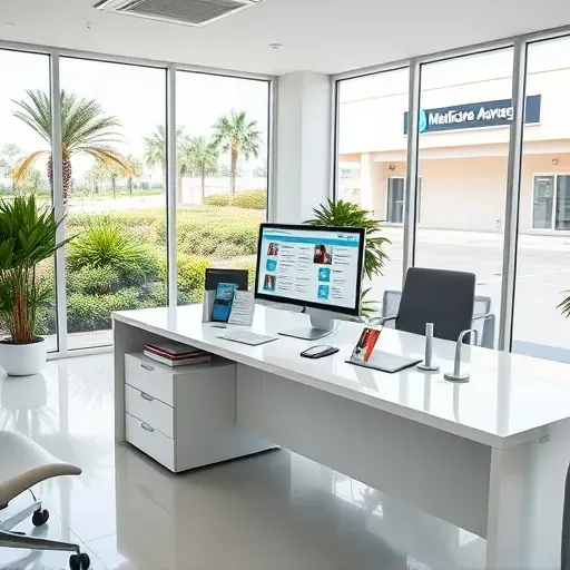 Modern healthcare consultation area in Pembroke Pines featuring a sleek desk, health plan info, natural light, lush landscaping, and welcoming design