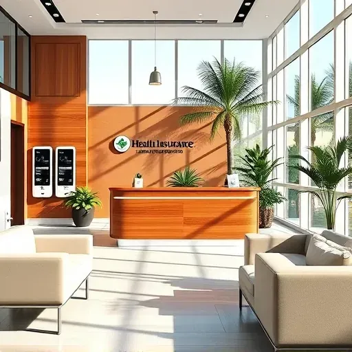 Modern Health Insurance office in North Palm Beach with sleek reception, wood desk, plants, and inviting seating.